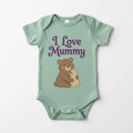 Sage green organic cotton baby onesie with I Love Mummy text and bears illustration