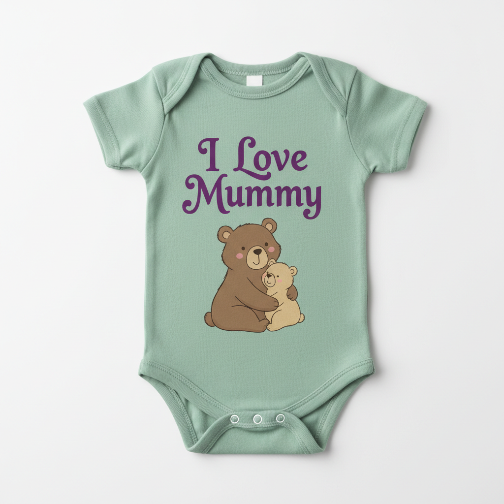 Sage green organic cotton baby onesie with I Love Mummy text and bears illustration
